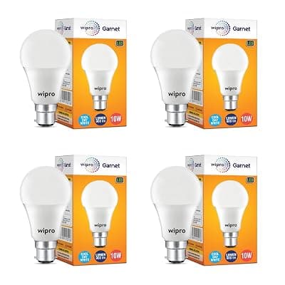 wipro Garnet 10W LED Bulb for Home &amp; Office |Cool Day White (6500K) | B22 Base|220 degree Light coverage |4Kv Surge Protection |400V High Voltage Protection |Energy Efficient | Pack of 4