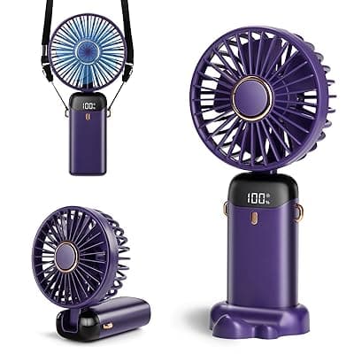 Portable Handheld Fan, 12 hours, Upgrade 3200mAh Portable Fan with LED Display, 90° Foldable, 5 Speed Wind,Hand Held/Neck/Desk 3 in 1 Personal Small Fans, Makeup Fans for Women (Purple)