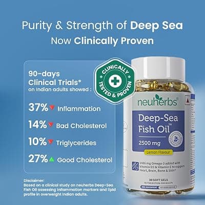 Neuherbs Deep Sea Omega 3 Fish Oil 30 Softgels, Omega 3 Supplement Triple Strength 2500 Mg for Muscle, Joints, Heart &amp; Cognitive Support, No Fishy Burps with Lemon Flavour, 1 count, 30 capsules