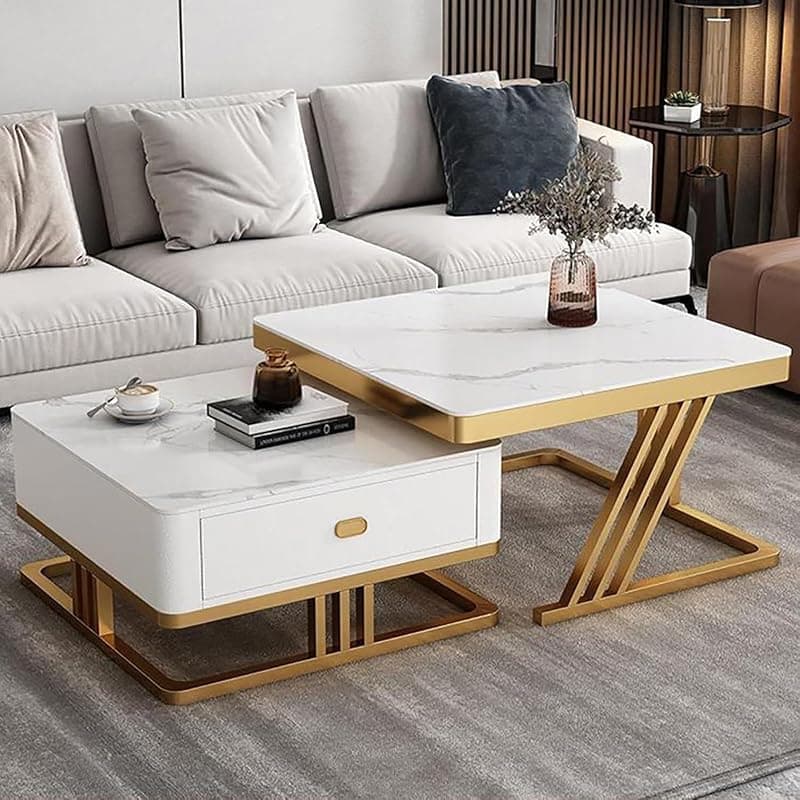 RIZIK Stores™ Iron Frame Handmade Drawer Square Coffee Table/Nesting Table/Side Table/Center Table with Engineered Wood Top for Living Room/Drawing Room/Balcony (White Gold, 12"x12")