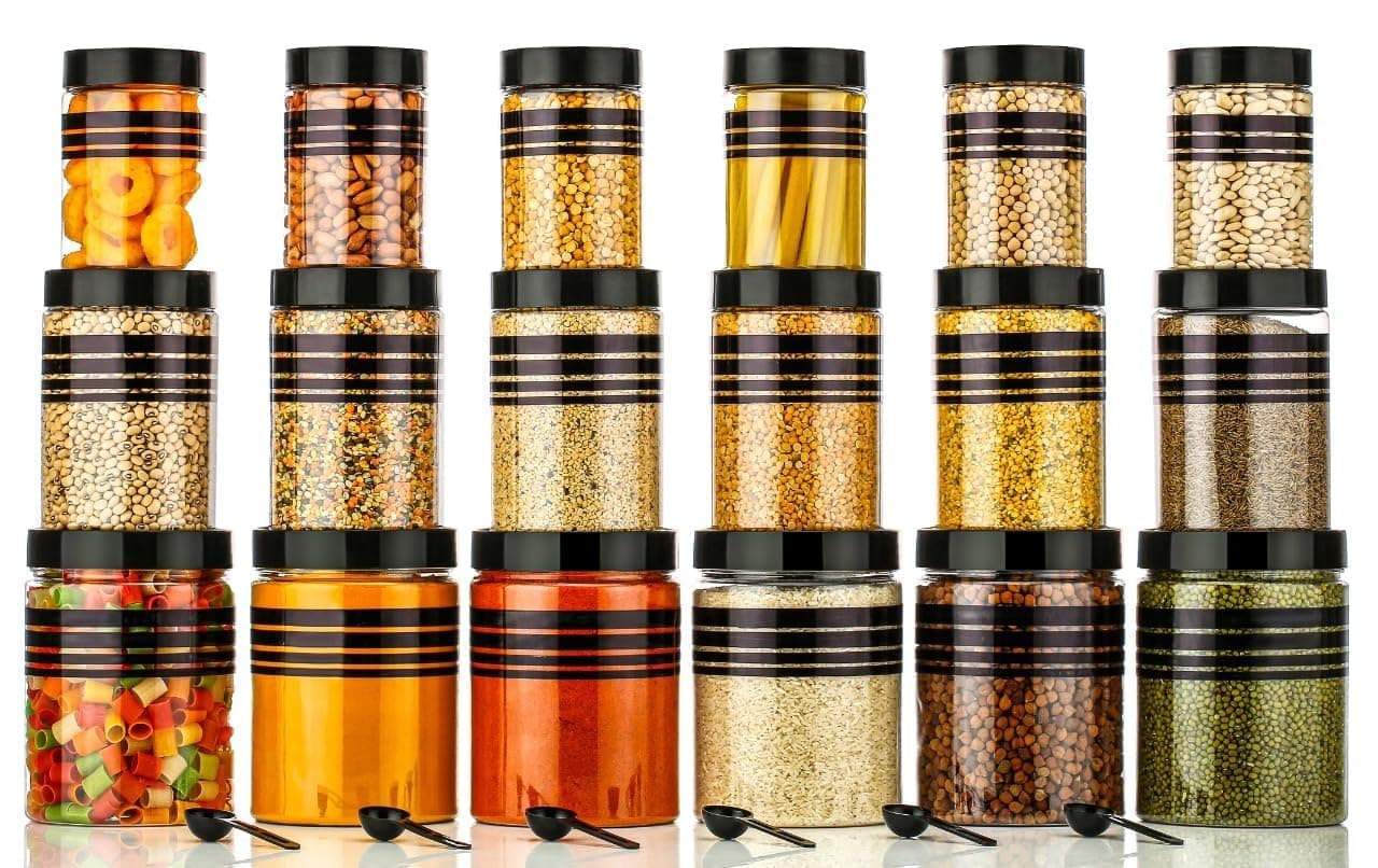 AQUAWARE Plastic Pet Storage Jar and Container, Set of 18 With Spoons Air Tight | Kitchen Organiser Improved Model Black line Printed