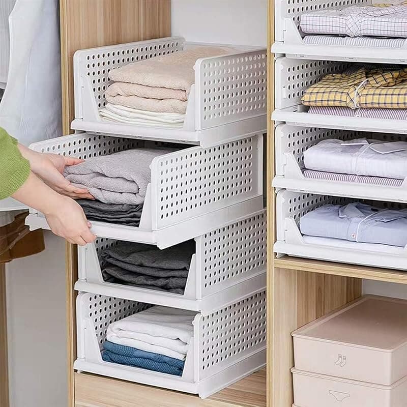 Planet 4-Tier Clothes Organizer for Wardrobe Cupboard Organizer for Clothes Foldable/Plastic Cloth Organizer for Storage/Closet Storage Basket/Drawer Organizer for Clothes (Plastic, White)