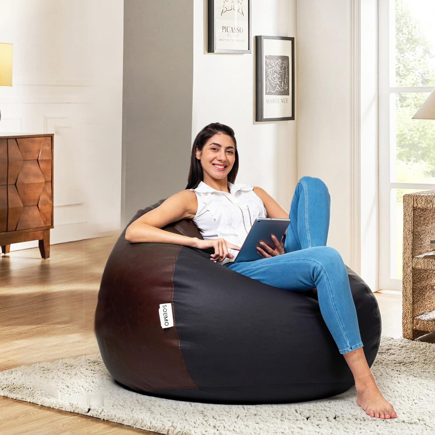 Amazon Brand - Solimo Premium Faux Leather Bean Bag, Filled with Beans | Capacity: Upto 6 Ft Height, 120 KG Weight | 3XL | Black and Brown