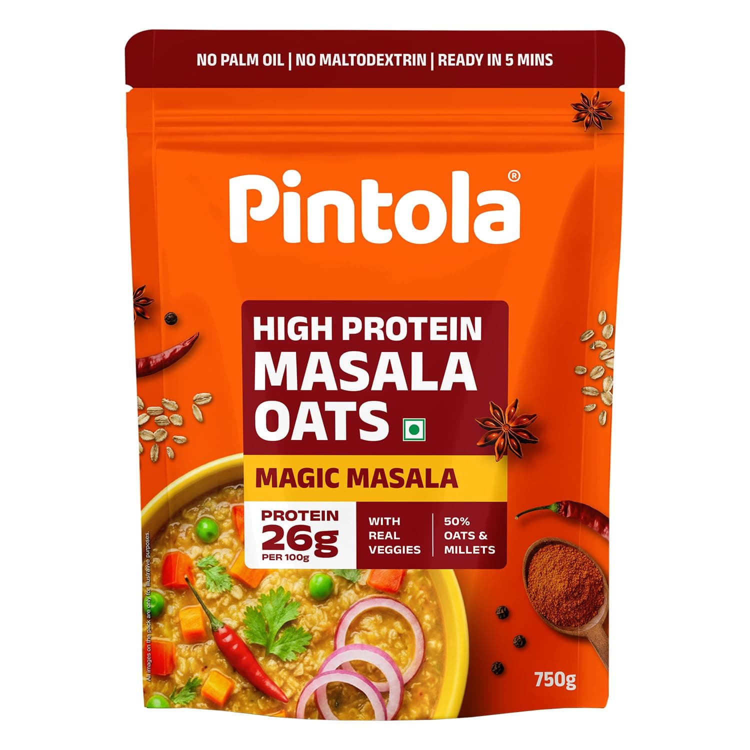 Pintola 26g High Protein Masala Oats 750g, Magic Masala, Breakfast Cereal with High Fiber & Veggies, No Palm Oil, No Preservatives, 5 min Healthy Snack, Helps Manage Weight, Gym Endurance & Gut Friendly