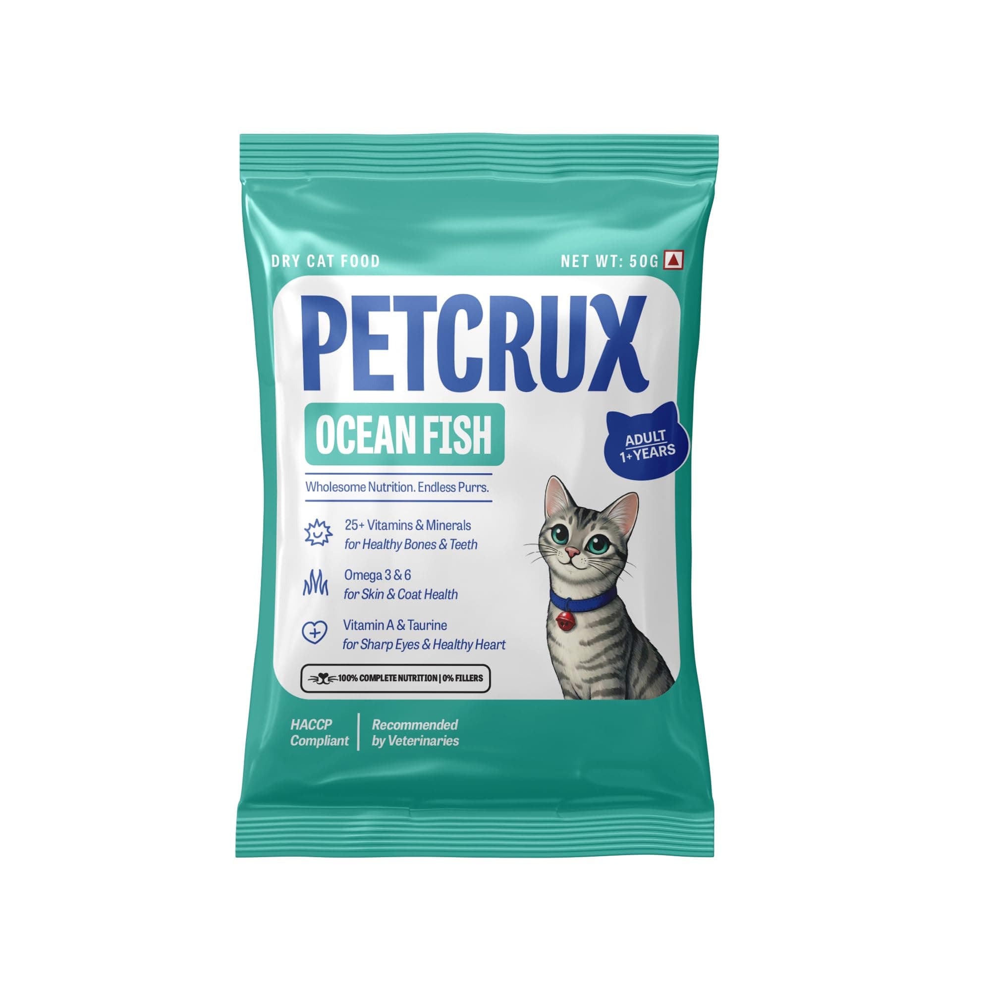 Petcrux Dry Adult Cat Food, Ocean Fish Flavor, with Omega 3 & 6 and Taurine, Complete & Balanced Nutrition for Adult Cats, Trial Pack 50 g
