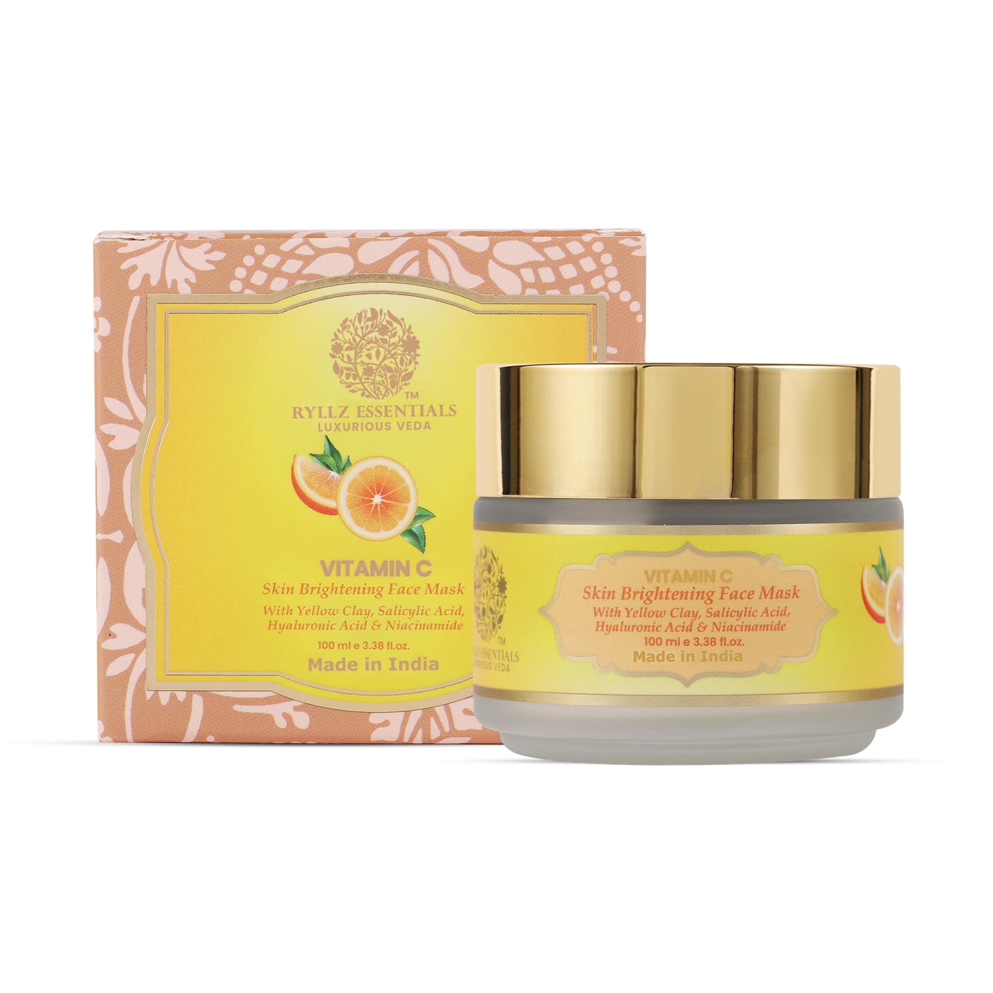 RYLLZ ESSENTIALS Vitamin C Face Mask | Skin Brightening with Yellow Clay, Salicylic Acid, Hyaluronic Acid, Niacinamide, Glycolic Acid, Green Tea Extract & Kaolin Clay | For Glowing Skin, Dark Spots, Oil Control, Open Pores, Uneven & Dull Skin | For All Skin Types | 100 ml