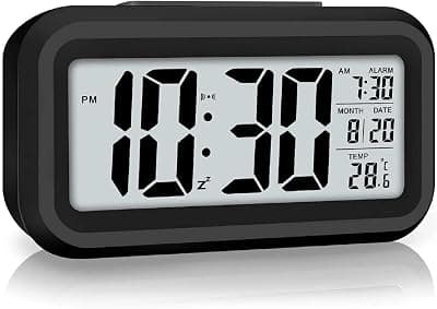 Zentro Digital Alarm Clock with Large Display, Smart Night Sensor &amp; Snooze Function, LED Desk Clock with Date Temperature Calendar, Battery Operated Bedside Table Clock (Black)