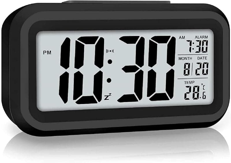 Zentro Digital Alarm Clock with Large Display, Smart Night Sensor &amp; Snooze Function, LED Desk Clock with Date Temperature Calendar, Battery Operated Bedside Table Clock (Black)