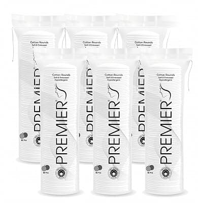Premier Cotton Pads - Soft & Embossed, Hypoallergenic, Pack of 80 Pcs x6 | Ideal for Makeup Removal, Toner Application, Baby Care, Nail Care & Hygiene | High-Quality Cotton Rounds for Daily Use