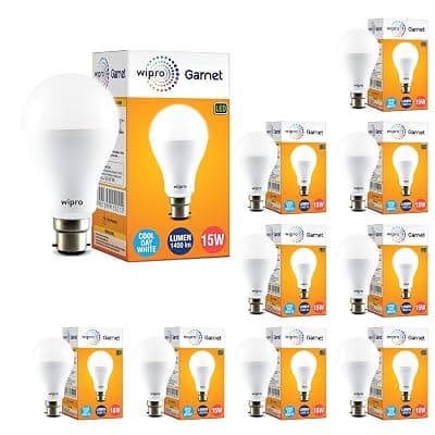 wipro Garnet 15W LED Bulb for Home &amp; Office |Cool Day White (6500K) | B22 Base|220 degree Light coverage |4Kv Surge Protection |400V High Voltage Protection |Energy Efficient | Pack of 10