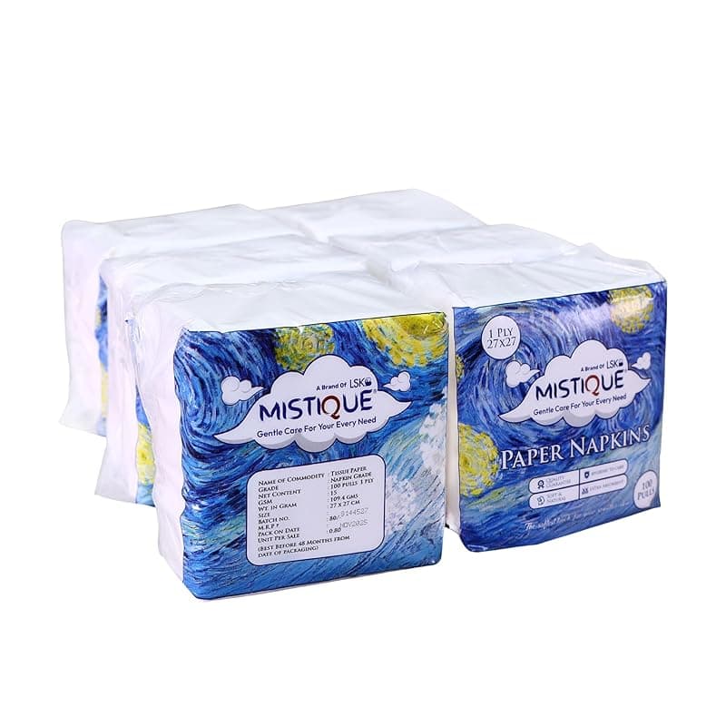 MISTIQUE 1 Ply 100 Pulls Tissue Paper Napkins | Soft and Highly Absorbent | Sheet Size (27 * 27 cm) (Pack of 6)