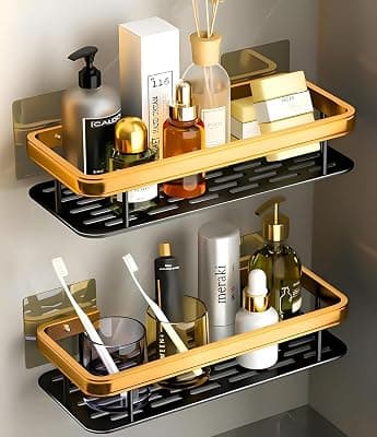 Wall Mounted Bathroom Shelf with Guardrail and Drain Base, Adhesive Wall Storage Rack, Metal Gold and Black Finish, 30 cm (Pack of 2)