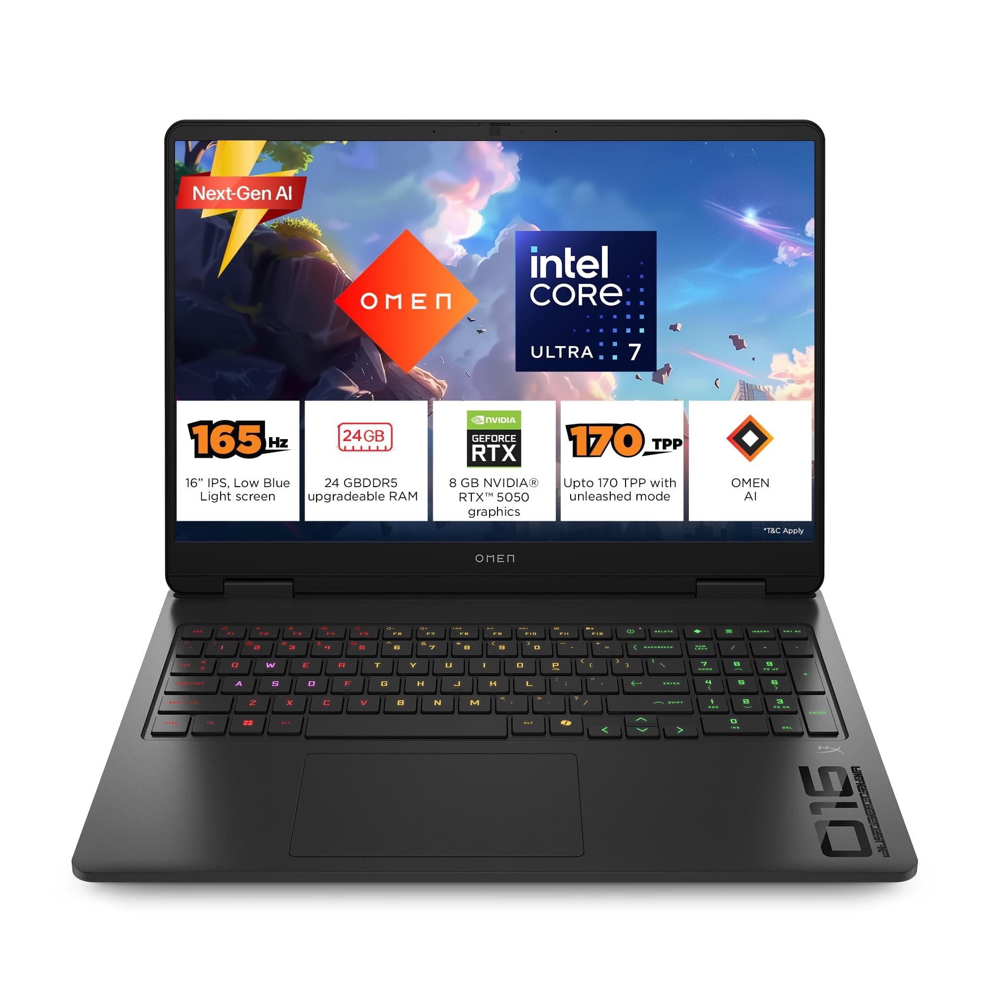 HP Omen, Intel Core Ultra 7 255H, 8GB RTX 5050, 24GB DDR5(Upgradeable) 1TB SSD, 2K, 165Hz, 3ms Response time, IPS, 16''/40.6cm, Win11, M365*Office24, Shadow Black, 2.43kg, am0240tx, RGB Gaming Laptop