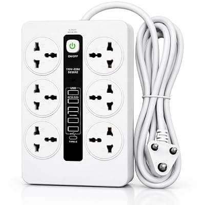 Premium Strong Extension Board with 6 Universal Sockets, 5 USB Ports, 1 Type-C, 2500W Power Strip with LED Display and Master Switch, Multi Plug Board for Home & Office