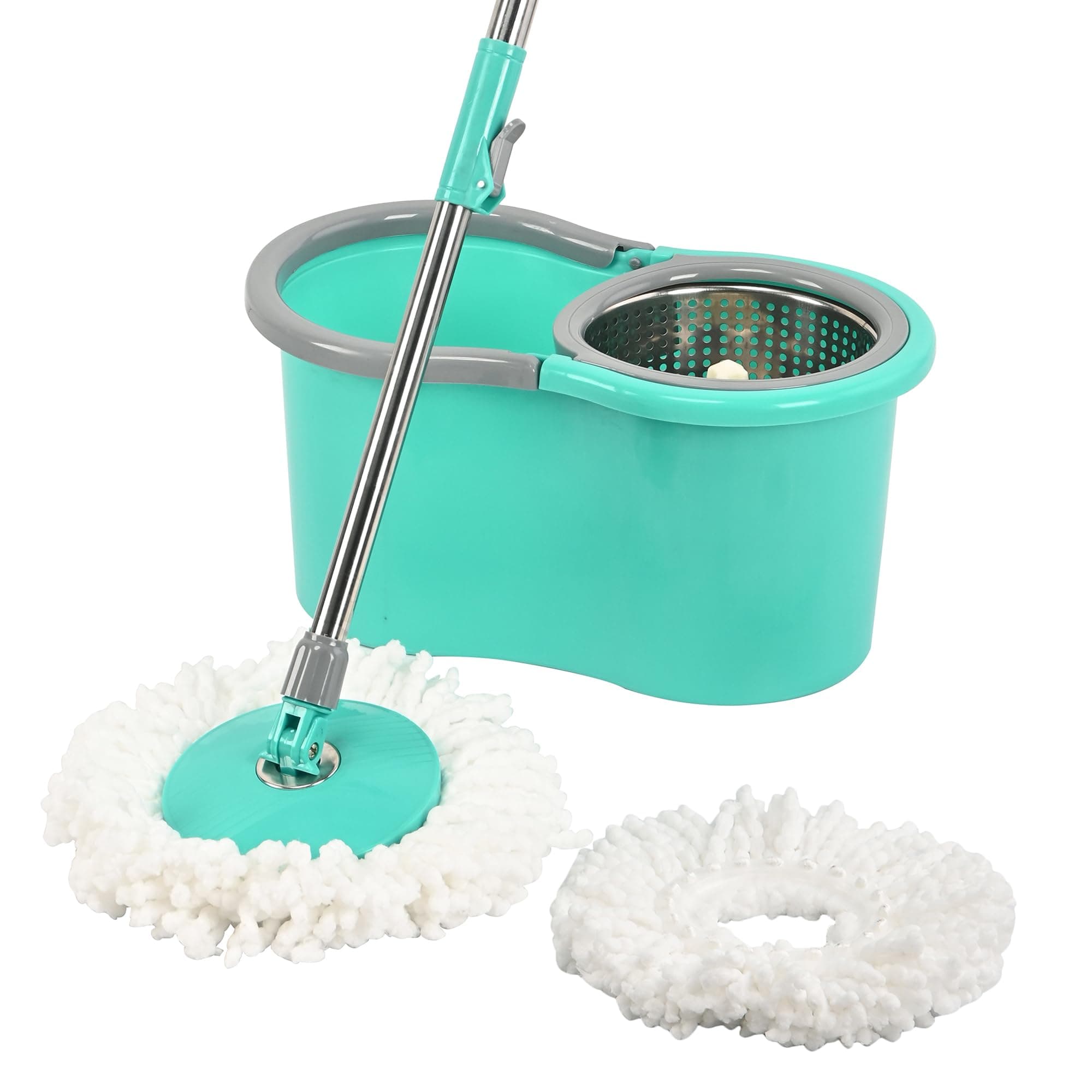 Urbane Home Plastic Spin Mop with Stainless Steel Wringer | Big Bucket Moppers for Cleaning Floor, 2 Refills | 360° Floor Cleaner Mopping Set for Home & Office | Pocha Stick - (Mint Green)