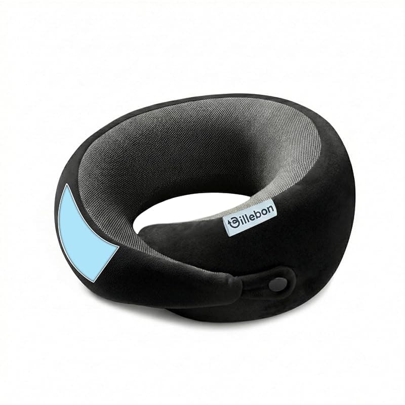 Billebon Memory Foam Neck Pillow with Cooling Gel, Snake Shape Travel Pillow with Snap Button, Neck Rest for Travelling & Flight Travel, Ergonomic Support for Comfort & Pain Relief (Black)