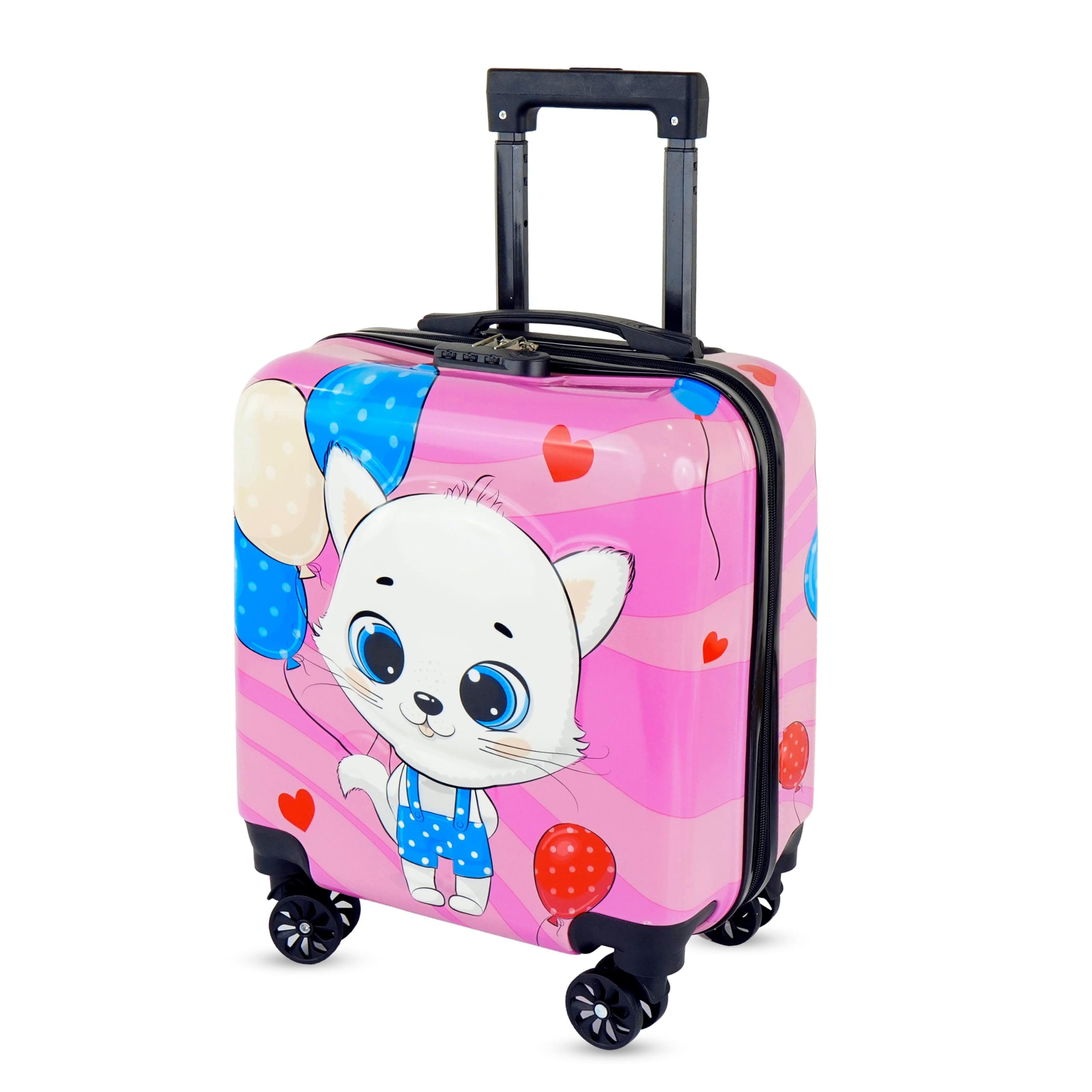 Storite 18 Inches Kids Trolley Bag Hard-Sided Polycarbonate Cute Chibi Kitten with Balloons Print Spinner Suitcase Cabin Luggage for Kids(Pink - 35 x 23 x 38 Cm)