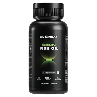 Nutrabay Wellness Omega 3 Fish Oil 1000mg per Capsule, 180mg EPA, 120mg DHA – Vision, Memory, Heart, Skin &amp; Hair Support, No Fishy Aftertaste – 60 Softgel Capsules | Tested for Purity | 100% Authentic