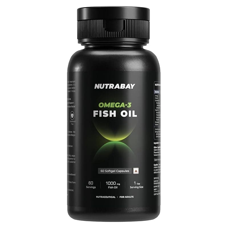Nutrabay Wellness Omega 3 Fish Oil 1000mg per Capsule, 180mg EPA, 120mg DHA – Vision, Memory, Heart, Skin &amp; Hair Support, No Fishy Aftertaste – 60 Softgel Capsules | Tested for Purity | 100% Authentic