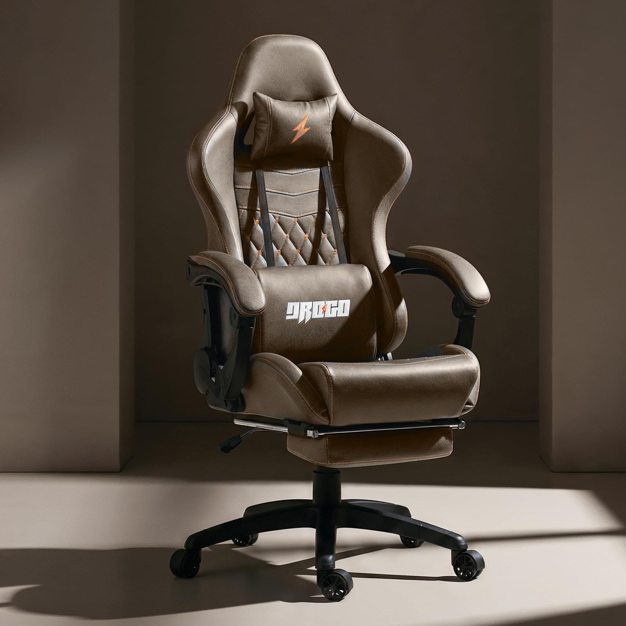 BAYBEE Drogo Multi-Purpose Ergonomic Gaming Chair with 7 Way Adjustable Seat, Head & USB Massager, PU Leather Lumbar Pillow Home & Office Chair with Full Reclining Back Footrest (Emperor Brown)