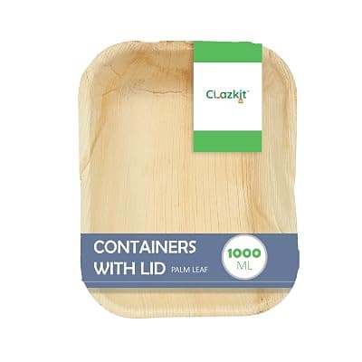 Clazkit Areca Palm Leaves Containers with Lid | Disposable Eco-Friendly Containers for Serving Snacks and Meals | Durable and Sturdy Containers used for Kitchen (1000ml, Pack of 10)