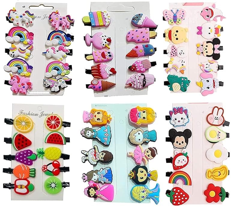 Mini Emoji/Cartoon Hair Clips for Kids and Girls (Multicolour, Assorted) Rainbow Ice Cream Hairpin for Girl, Cute Smiley Design Hair Accessories for Toddler | Barrettes with Multi Design