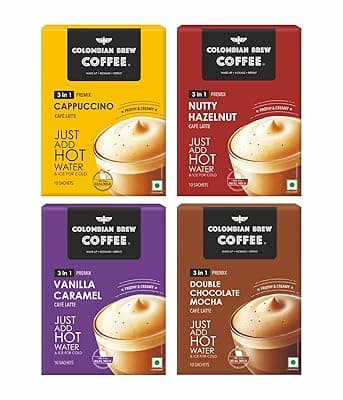 Colombian Brew 3 in 1 Assorted Instant Coffee Premix Café Latte, Cappuccino, Hazelnut, Vanilla Caramel, Double Choco Mocha, 8 Sachets Box