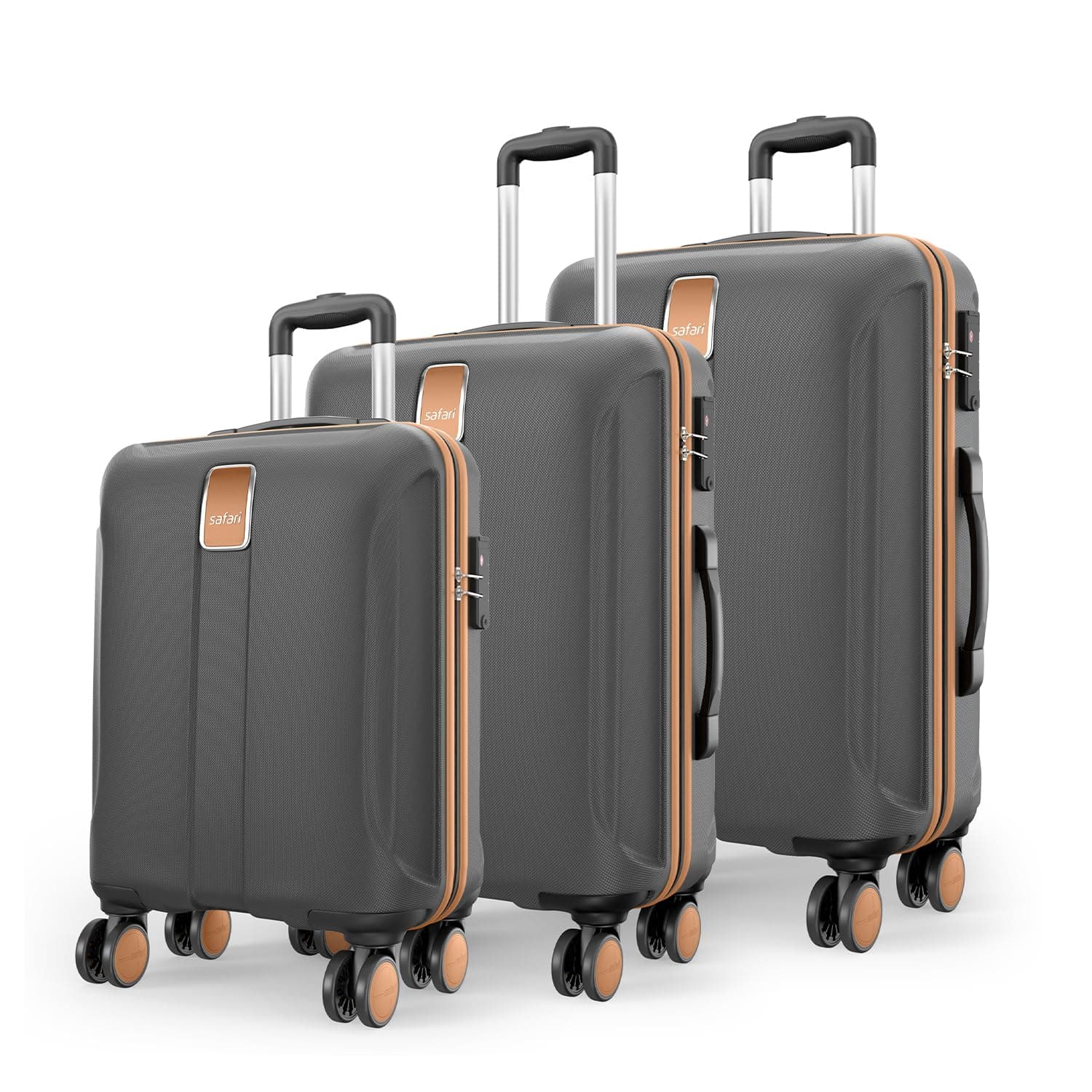Safari Thorium Royale 8 Wheels Spinner Set of 3 Trolley Bags Hard Case Polycarbonate Luggage,TSA Lock,Wet Pouch Organized Interior,Suitcase for Travel,Trolley Bags for International Travel, Gun Metal