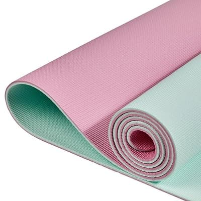 AmazonBasics Dual Colour Yoga Mat | 6 MM Thick Mat | Carry Strap | Grippy Surface | Anti Slip Exercise Mat | TPE &amp; EVA Material | Yoga Mat for Men &amp; Women (Turquoise &amp; Pink)
