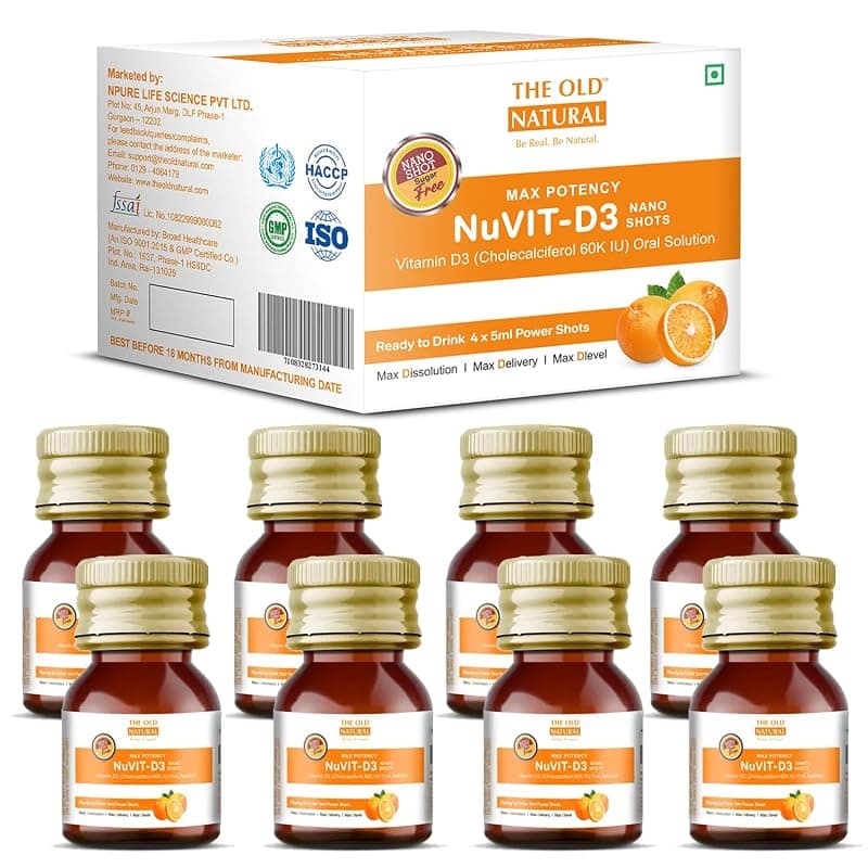 Nuvit D3 Vitamin D3 60000 Iu I Cholecalciferol Vitamin D3 Oil 60000 Iu Sugar Free Nano Shots I Once In A Week - 5Ml (Pack Of 8 Nano Shots - 40Ml)