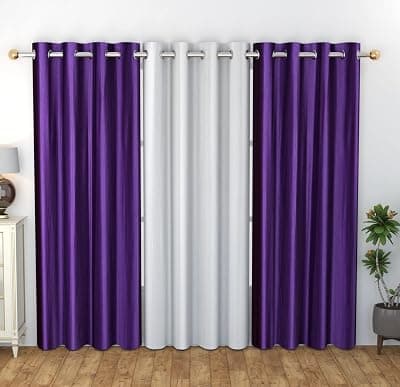 IVAZA Solid Plain Polyester Window Curtains Set of 3, (4 Feet x 5 Feet, Purple White