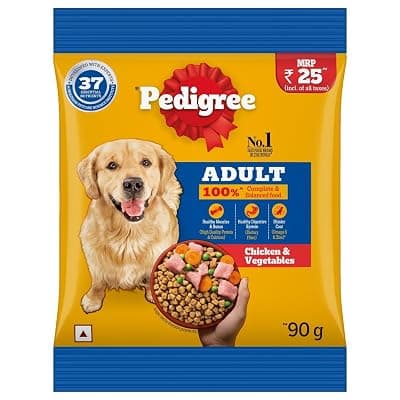 Pedigree Adult Dry Dog Food, Chicken &amp; Vegetables, 90g, Contains 37 Essential Nutrients, 100% Complete &amp; Balanced Food for Adult Dogs