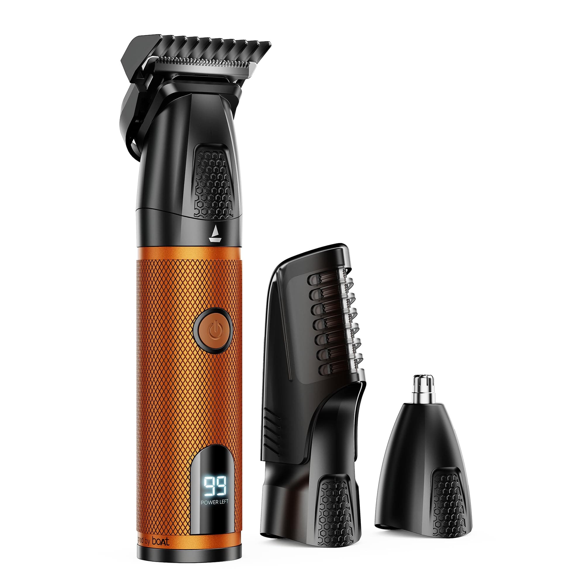 boAt Slazer K100+ Full Body Trimmer for Men, 200 Min Run-Time, Stainless Steel + Ceramic, IPX6, Beard, Body, Nose, Type C, MultiGroomer, Battery Display & Travel Lock, All-in-one (Blaze Orange)