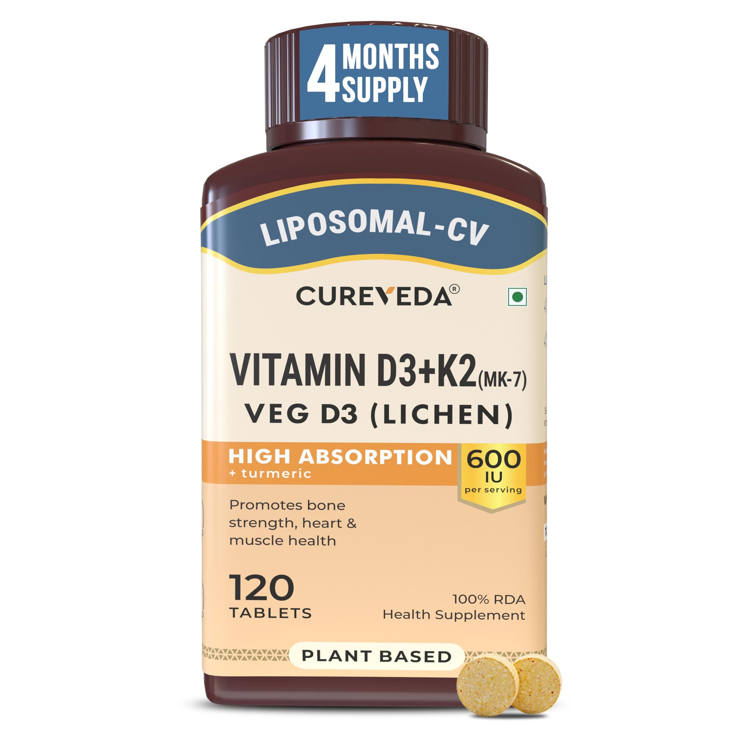 Cureveda Liposomal Vitamin D3 600 IU + Vitamin K2-7 & Turmeric | High Absorption Bone & Heart Support | Promotes Muscle Health & Immunity | 120 Tablets (120 Day Pack)