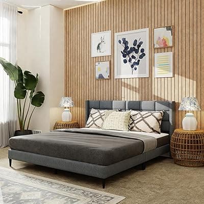 Royaloak Willow Upholstered King Bed | Solid Wood Upholstery Head Board King Bed Linen Upholstery | Fabric | Modern Design King Size Bed | Strong & Durable Bed King Size | Wooden Bed King Size
