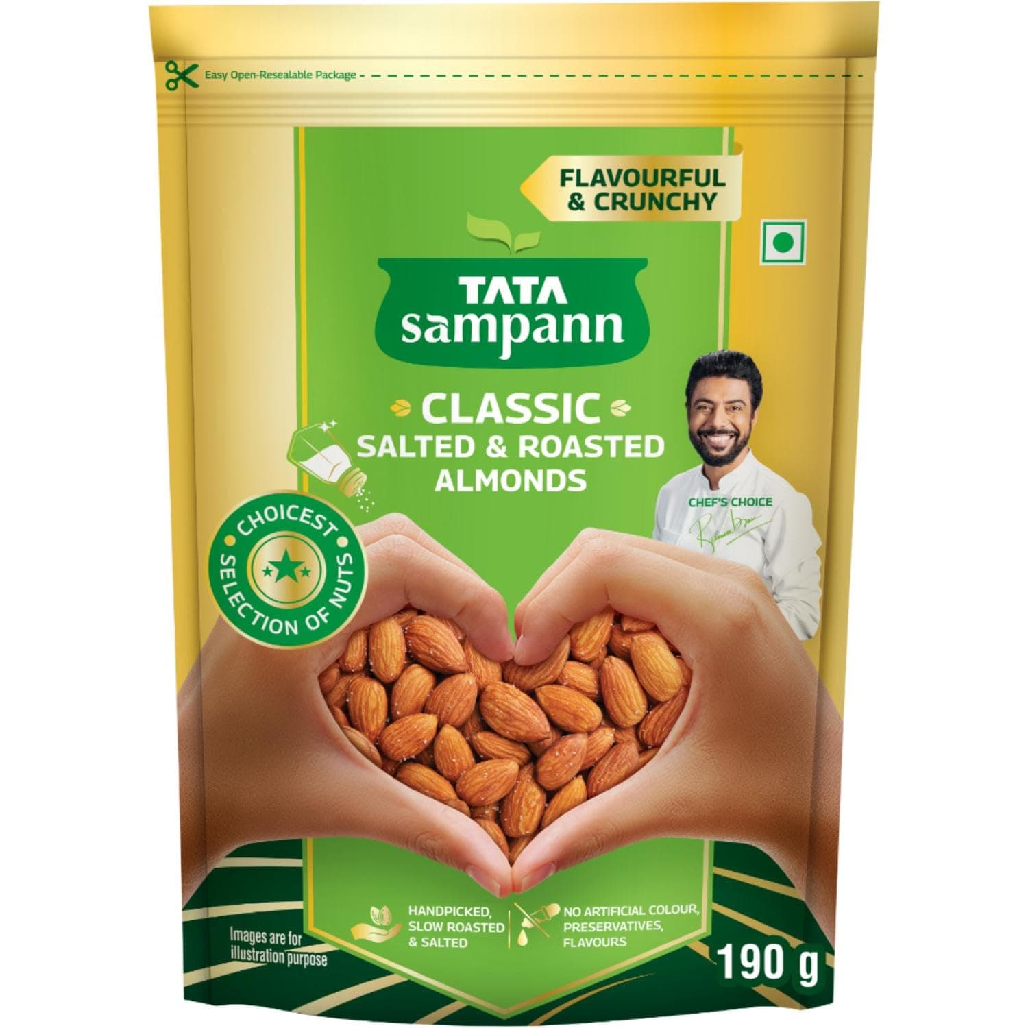 Tata Sampann Classic Salted & Roasted Almonds/Badam, Flavourful & Crunchy Snack, Handpicked, Salted & Slow Roasted Almonds, Rich in Protein, Magnesium, and Phosphorus, No Artificial Colours, Preservatives & Flavours, 190g
