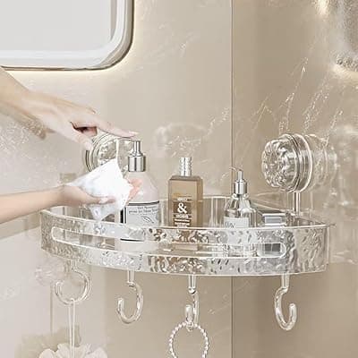 Self Adhesive Bathroom Corner Shelf No Drill Shower Organizer with Suction Cups, Transparent Acrylic Wall Mounted Shampoo Holder with Hooks Heavy Duty Bath Storage Rack for Tile Glass