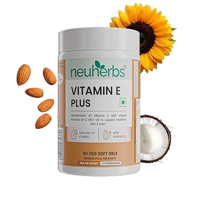 Neuherbs Vitamin E Plus Capsules for Face and Hair | Vit E Supplement with Almond Oil & MCT Oil for Glowing Skin & Hair Growth - 60 Softgels