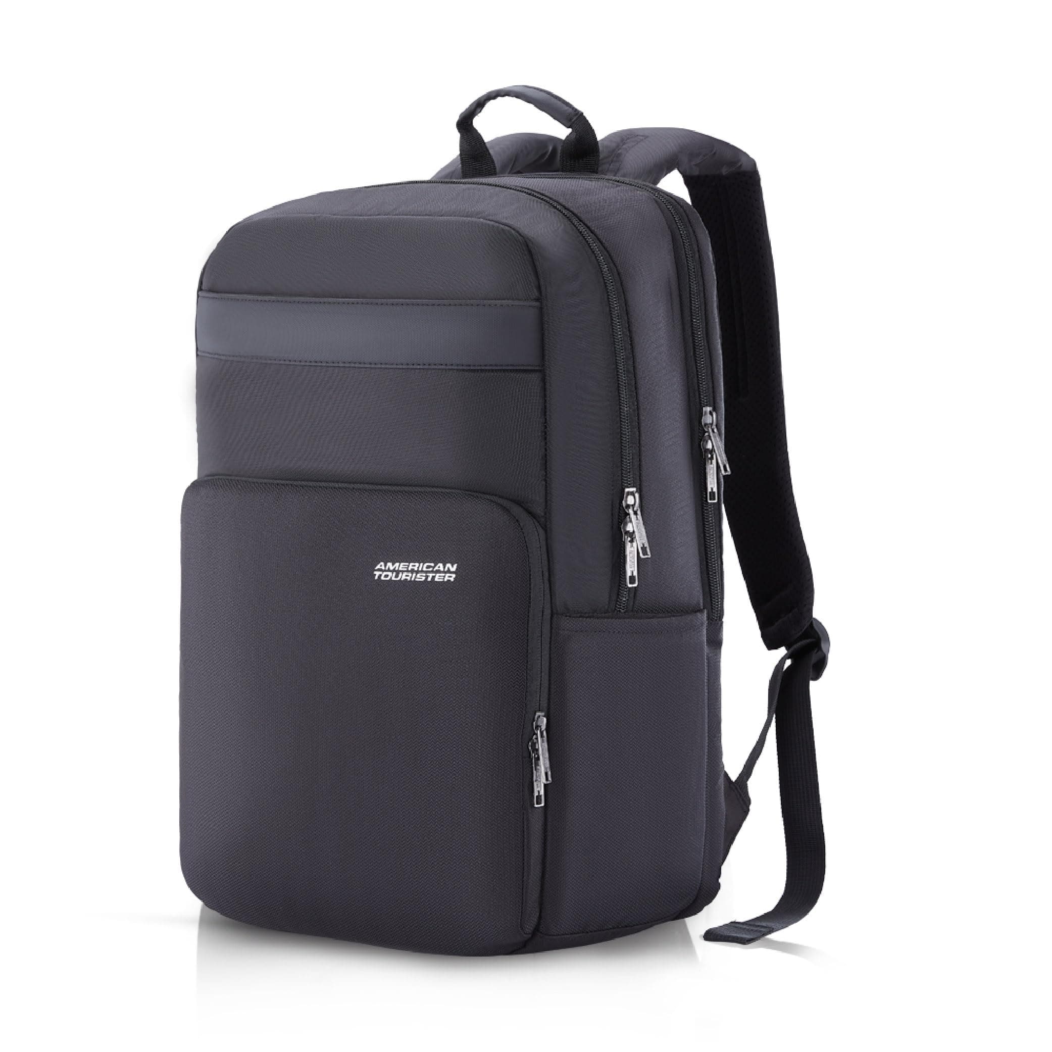 American Tourister RON Large 4 Compartment Laptop Backpack Travel Bag, 28 Ltrs Durable Bags For Mens, College School Computer Backpack Gift For Unisex Boys Girls Kids, Black, With Rain Cover