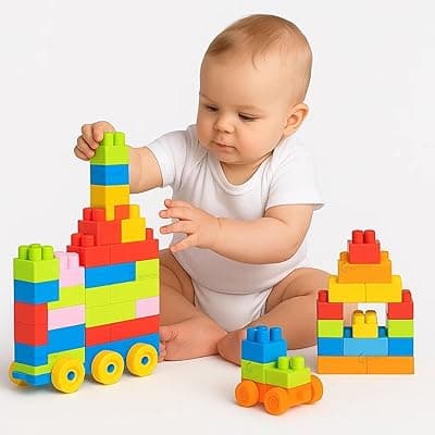 GRAPHENE 45 Pcs Big Mega Sized Building Blocks with Wheels - Smart Activity Fun and Learning Train Blocks for Kids | Educational and Exciting | Best Gift Toy for 3-Year-Old Boys &amp; Girls (Multicolor)