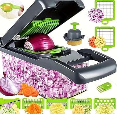 16 in 1 Vegetable Chopper – Multifunctional Onion Cutter with 12 Blades, Copper-Infused Kitchen Tool, Bread Slicer & Dicer (Gray, QCQ)