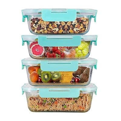 Amazon Brand - Solimo Glass Containers/Lunch Boxes for Office with Break-Free| Set of 4 | Detachable Locks, Airtight, Leakproof, Microwave & Freezer Safe | Rectangle | 1,000 ml Each | Transparent