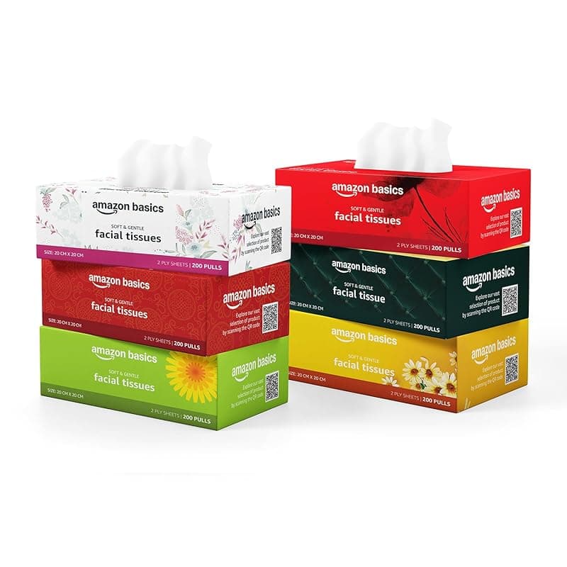 Amazon Basics 2 Ply Facial Tissue Box | 1200 Pulls | 200 Pulls X Pack of 6 | Home | Soft &amp; Highly Absorbent Tissues