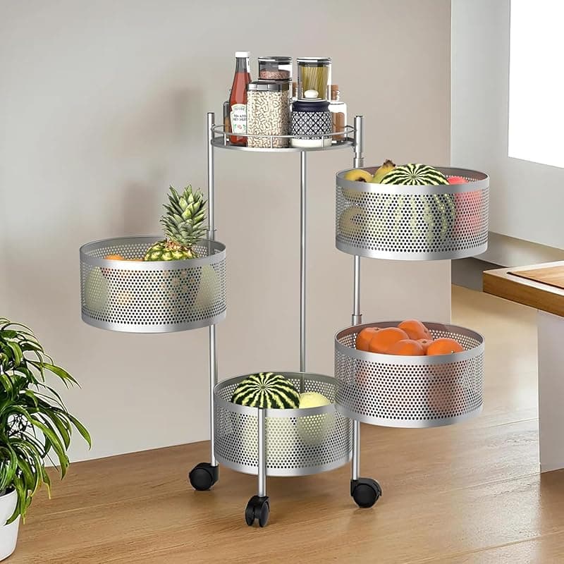 Storage Rack | 360° Revolving Vegetable Kitchen Rack | Round Multipurpose Storage Trolley with Wheels | Metal Fruit Storage Rack | Kitchen Cabinet Spice Rack (Silver, 4 Layer)