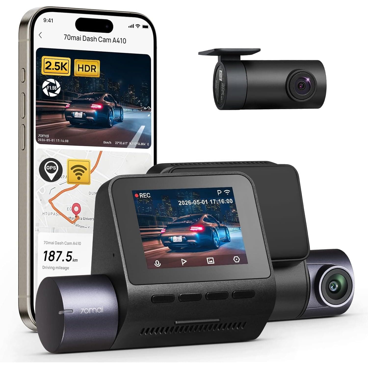 70mai A410 Dual Dash Cam [2026 New Launch], Made in India, 2.5K HDR Front & 1080P Rear, in-Built WiFi & GPS Logger, G-Sensor, App Playback & Share, Optional Parking Monitoring, Upto 256GB Supported
