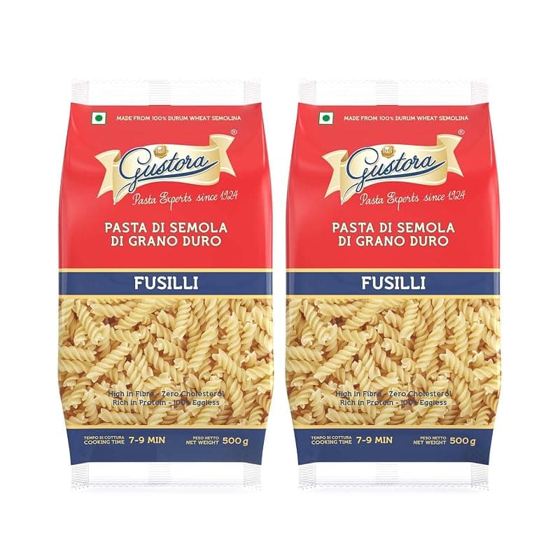 Gustora Fusilli Pasta Combo Pack Of 2 I Durum Wheat Semolina I Rich In Protein & Fibre I Zero Cholesterol I Cooking Time 10 Min I Vegetarian Pasta - (500 Gm X 2)