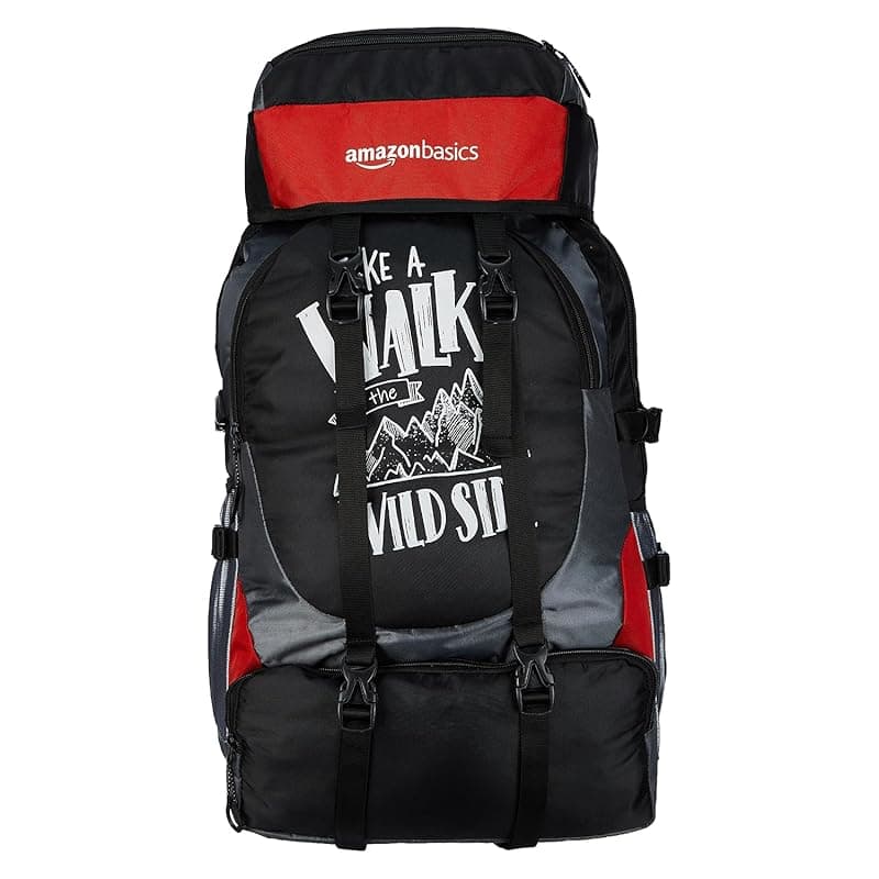 Amazon Basics 55 L 4 Compartment Rucksack for Unisex | Multi-Utility Backpack with Adjustable Straps | For Trekking, Camping, Travel and Outdoor | 32.5 L x 20 W x 55 H cm | Black/Grey/Red