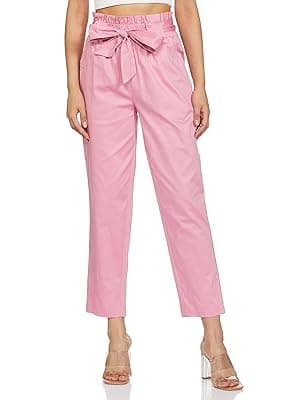 Amazon Brand - Symbol Women's Slim High Rise Ankle Length Tapered Paper Bag Formal Trousers (with Self Fabric Belt) (Available in Plus Sizes)