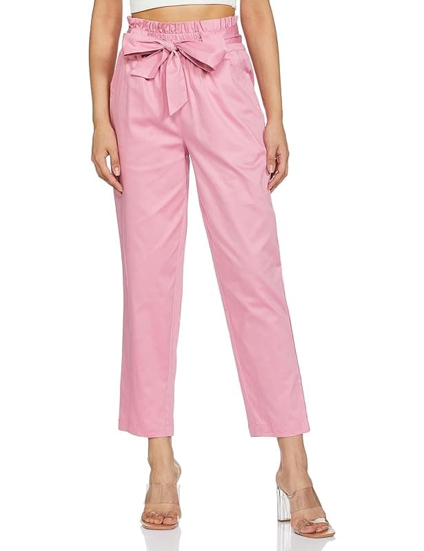 Amazon Brand - Symbol Women's Slim High Rise Ankle Length Tapered Paper Bag Formal Trousers (with Self Fabric Belt) (Available in Plus Sizes)