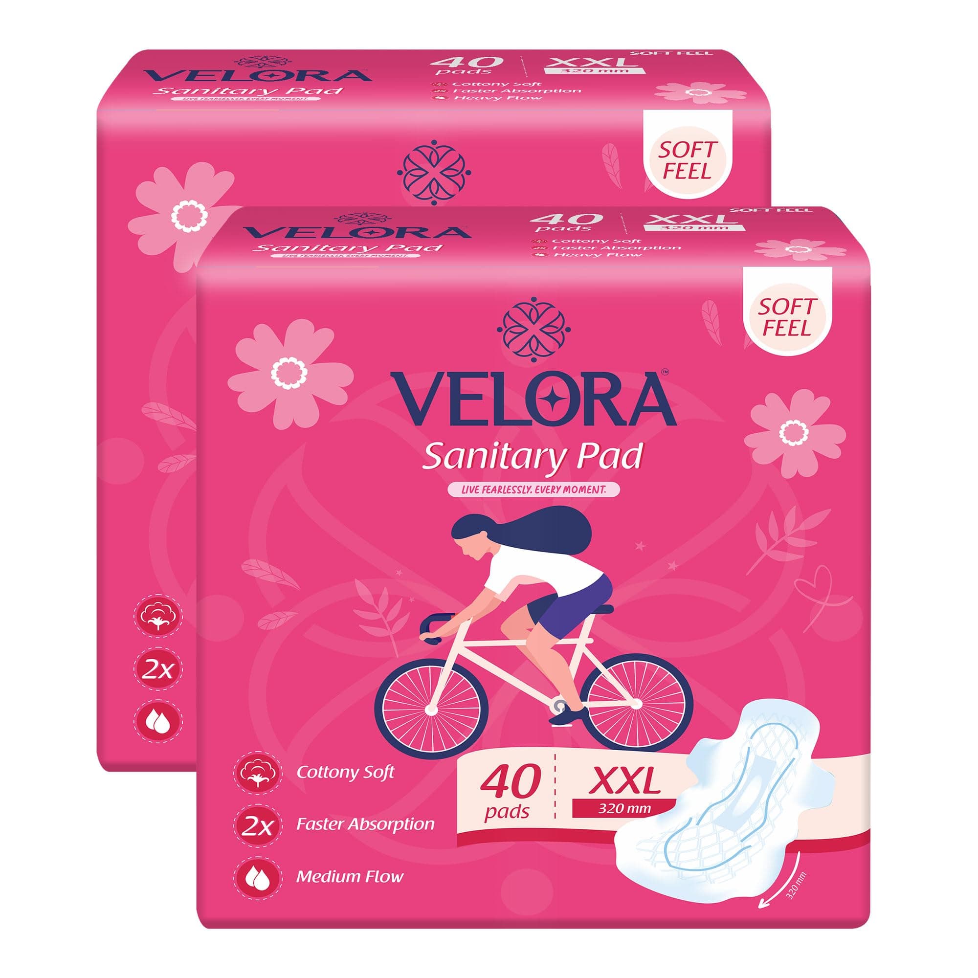 Velora Soft Feel & Rash Free XXL 80 Pads, Sanitary Pads for Women and Girls, Quick Absorption, Heavy Flow Champion, Skin Friendly Trifold Sanitary Napkins (40 Pads Each -320MM)